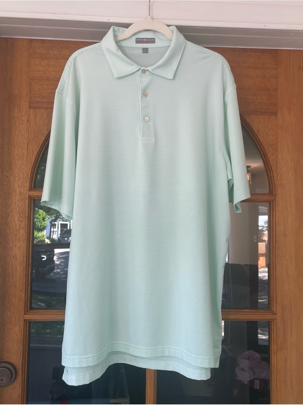 Peter Millar Summer Comfort Green White Striped Golf Polo Streamsong Logo XL